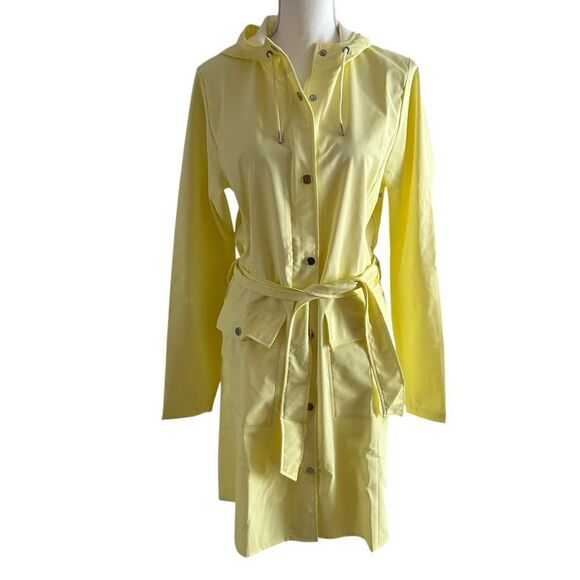 RAINS Yellow Curve Raincoat Belted Waterproof Size Medium NWT - Picture 3 of 8